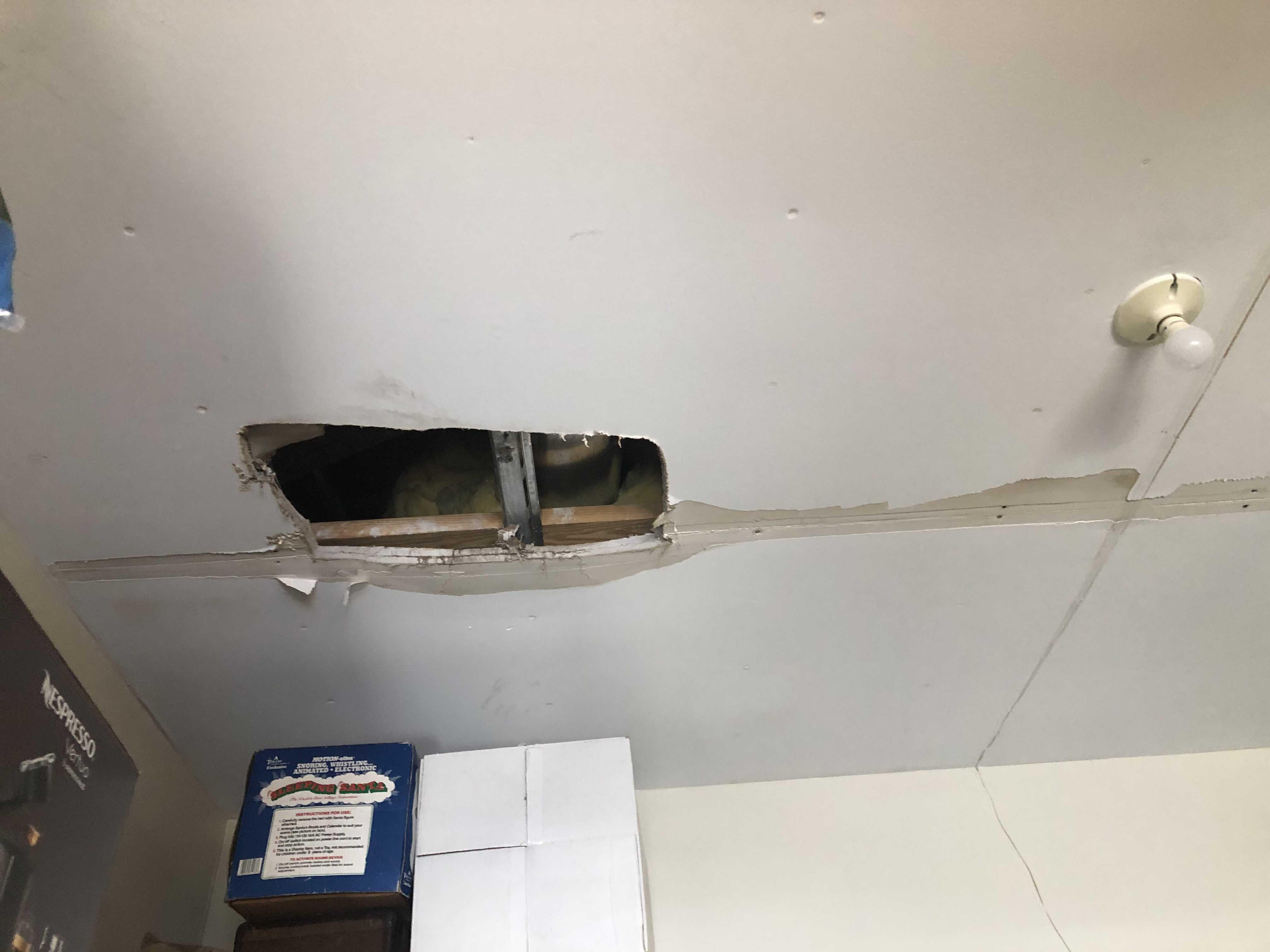 Water damage in garage ceiling